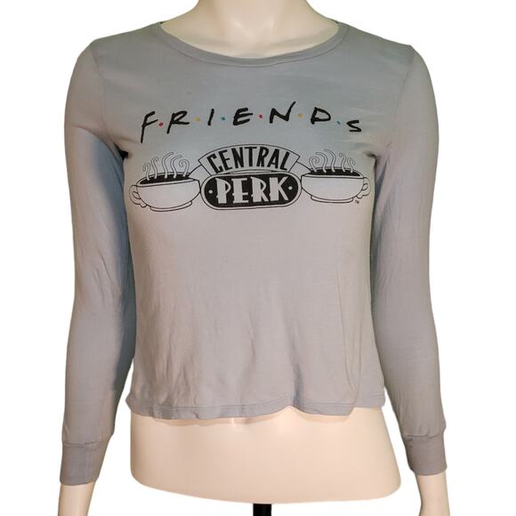 FRIENDS Central Perk Graphic Tee L Baby Blue Cropped Long Sleeve Retro 90s Y2K - Picture 1 of 6